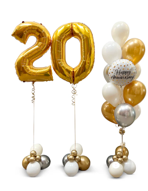 Gold and white balloons with number '20' and 'Happy Anniversary' message on a white background