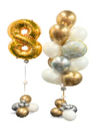 Balloon arrangement with a gold number 8 and various colored balloons on a white background