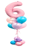 Pastel-colored balloon bouquet with a large pink number '6' on a white background
